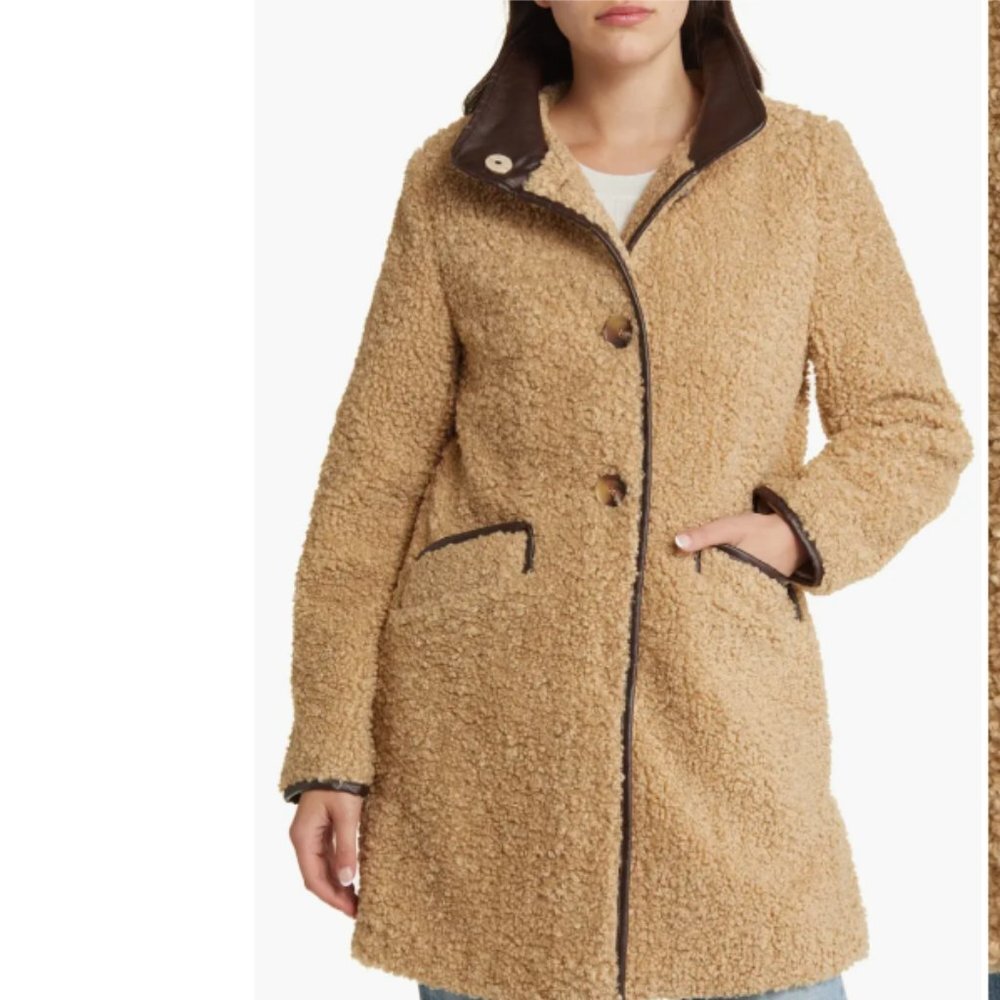 Sam‎ Edelman Womens Tan  Faux Fur Teddy Medium Length Winter Coat NWT